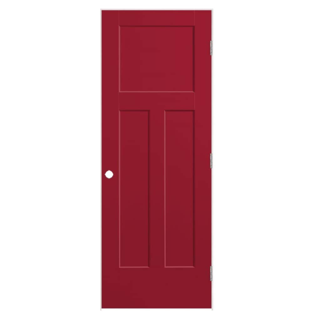 Masonite 28-in x 80-in Barn Red Hollow core 3-panel Left hand Smooth Prefinished Molded composite Flat Jamb Single Prehung Interior Door with