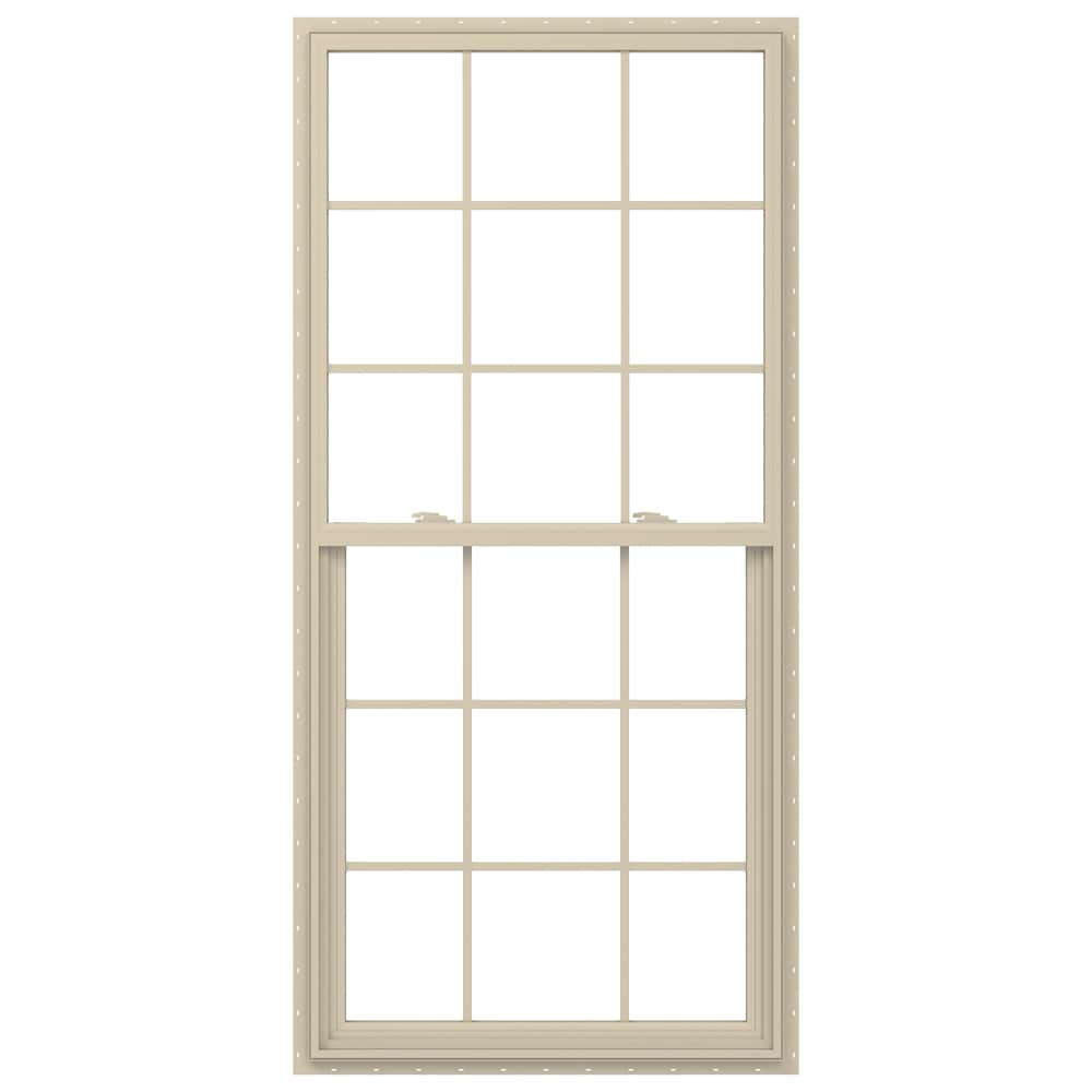 JELD-WEN V-2500 35-1/2-in x 71-1/2-in Almond Exterior Vinyl New Construction Single Hung Window Low-E argon Double Pane Glass with Grids, (Half Screen Included)