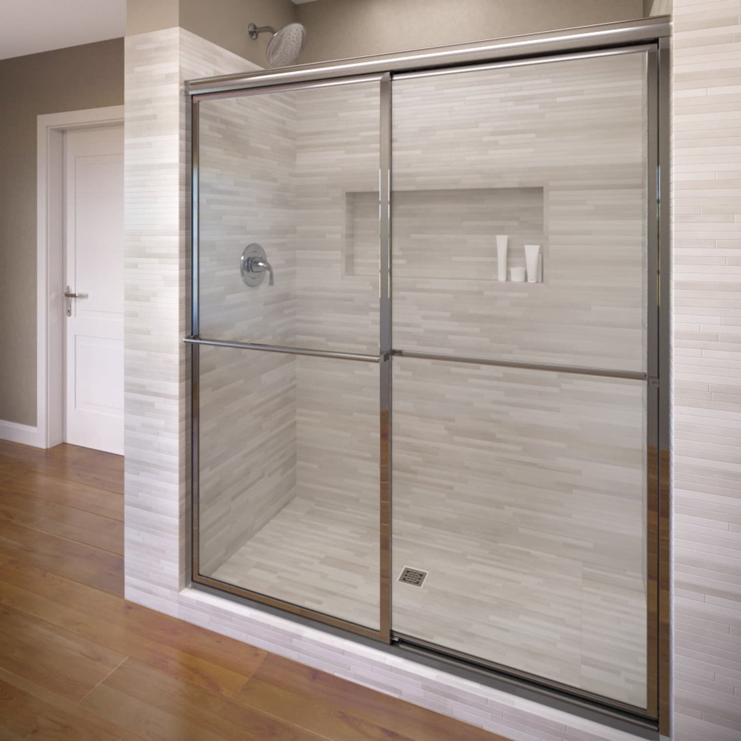 Basco Deluxe Chrome 43-3/4-in to 45-3/4-in W x 71.5-in H Framed Clear Glass Sliding Shower door