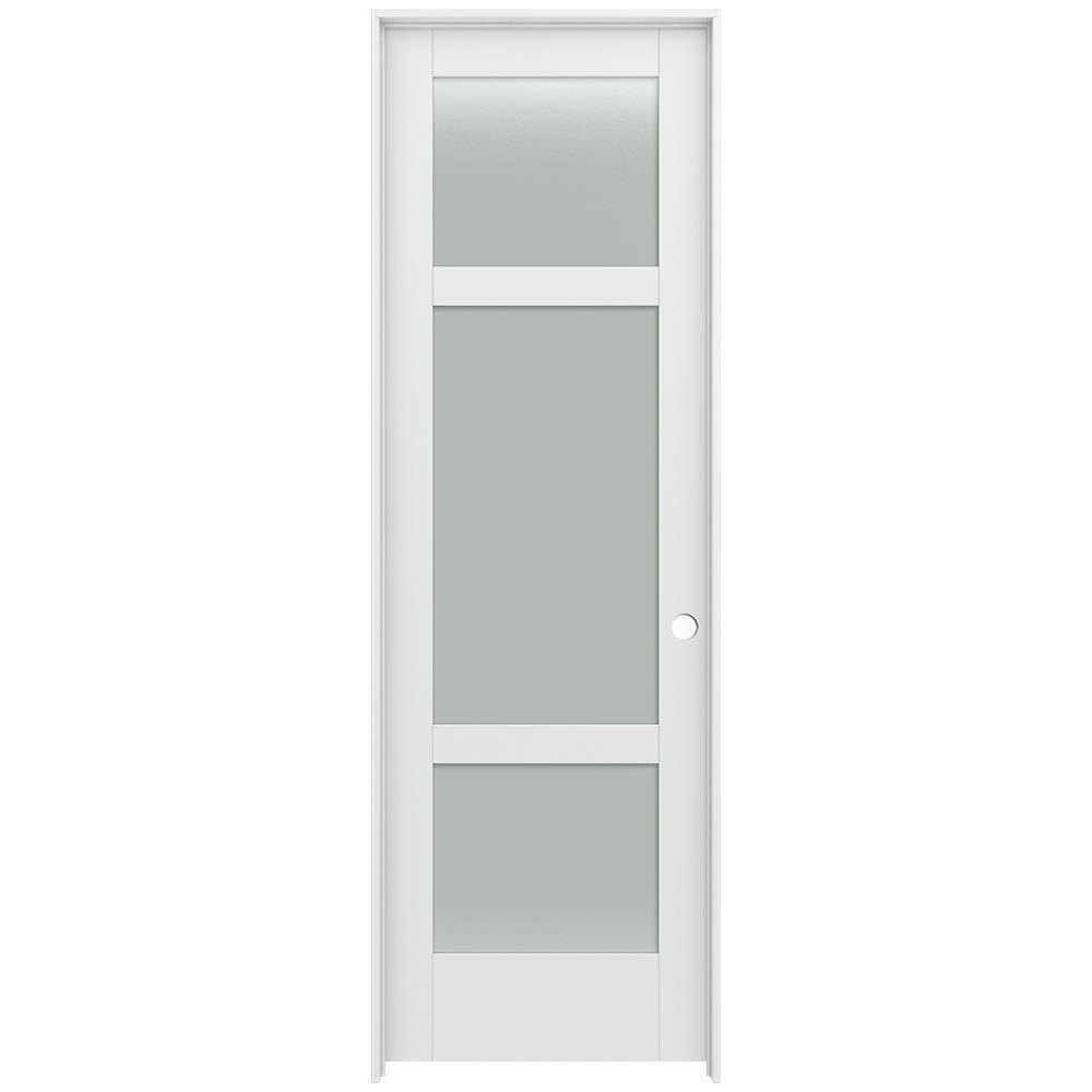 JELD-WEN 28-in x 96-in Primed Solid core 3-panel Frosted glass Left hand Smooth Primed MDF Flat Jamb Single Prehung Interior Door with