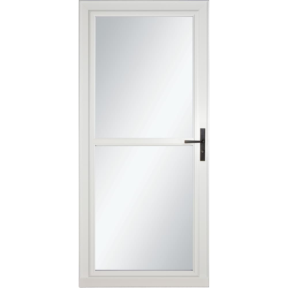 LARSON 80 Split Fullview (Tradewinds) 34-in x 81-in White Aluminum Reversible Hinge Storm Door with Retractable Screen ( Aged bronze Handle Included )
