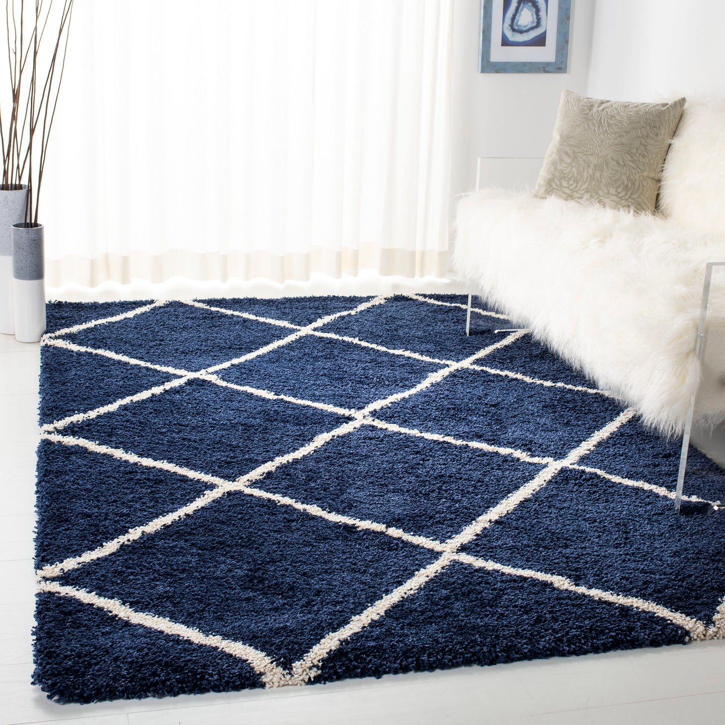 Safavieh Hudson Beckham Shag 9 x 12 (ft) Loomed Polypropylene Navy/Ivory Rectangular Indoor Trellis Spot Clean Only Area rug