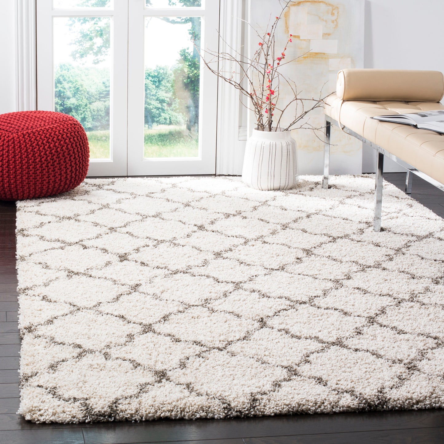 Safavieh Hudson Theron Shag 9 x 9 (ft) Loomed Polypropylene Ivory/Gray Square Indoor Trellis Spot Clean Only Area rug