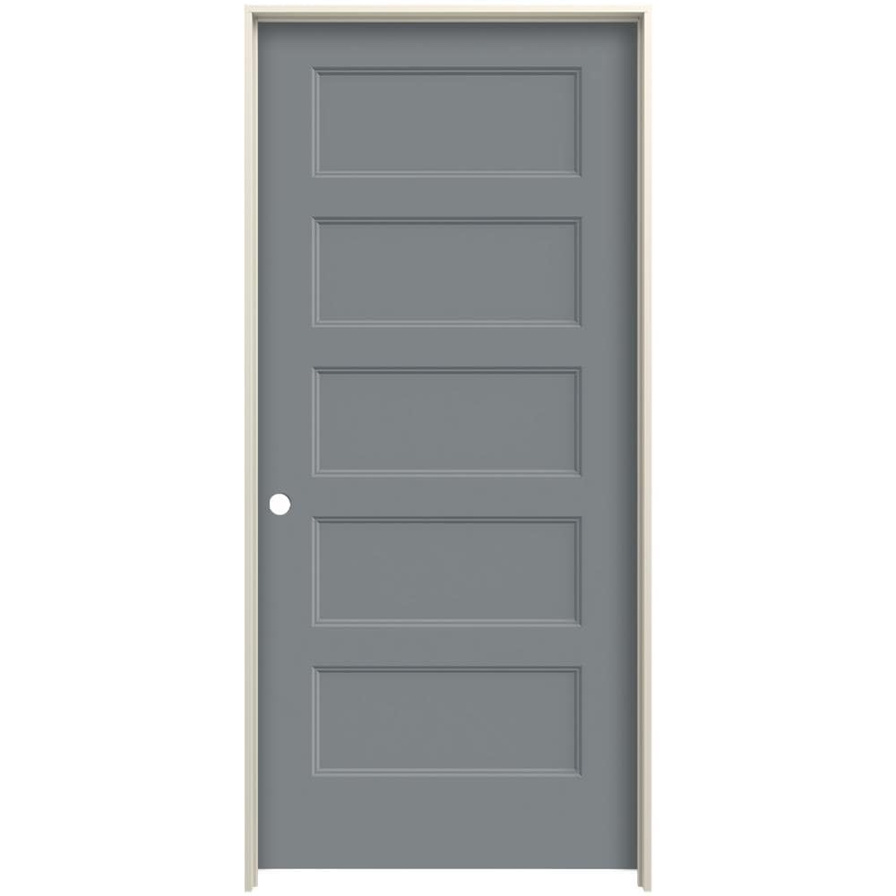 JELD-WEN 32-in x 80-in Gray Pearl Solid core 5-panel Right hand Smooth Prefinished Molded composite Flat Jamb Single Prehung Interior Door with
