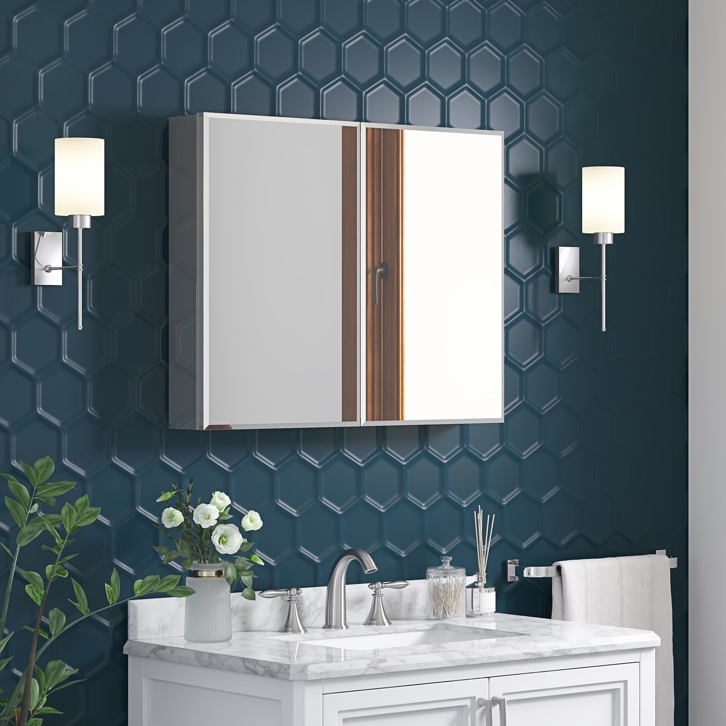 OVE Decors Galway 30-in x 24-in Surface/Recessed Mount Aluminum Mirrored Rectangle Soft Close Medicine Cabinet
