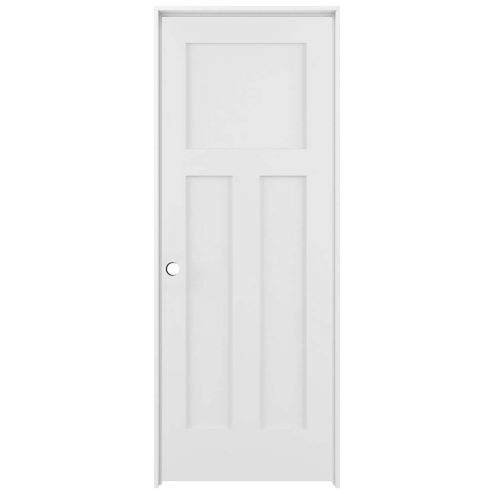 RELIABILT 36-in x 80-in Primed Solid core 3-panel Right hand Smooth Primed Pine Wood Flat Jamb Single Prehung Interior Door with
