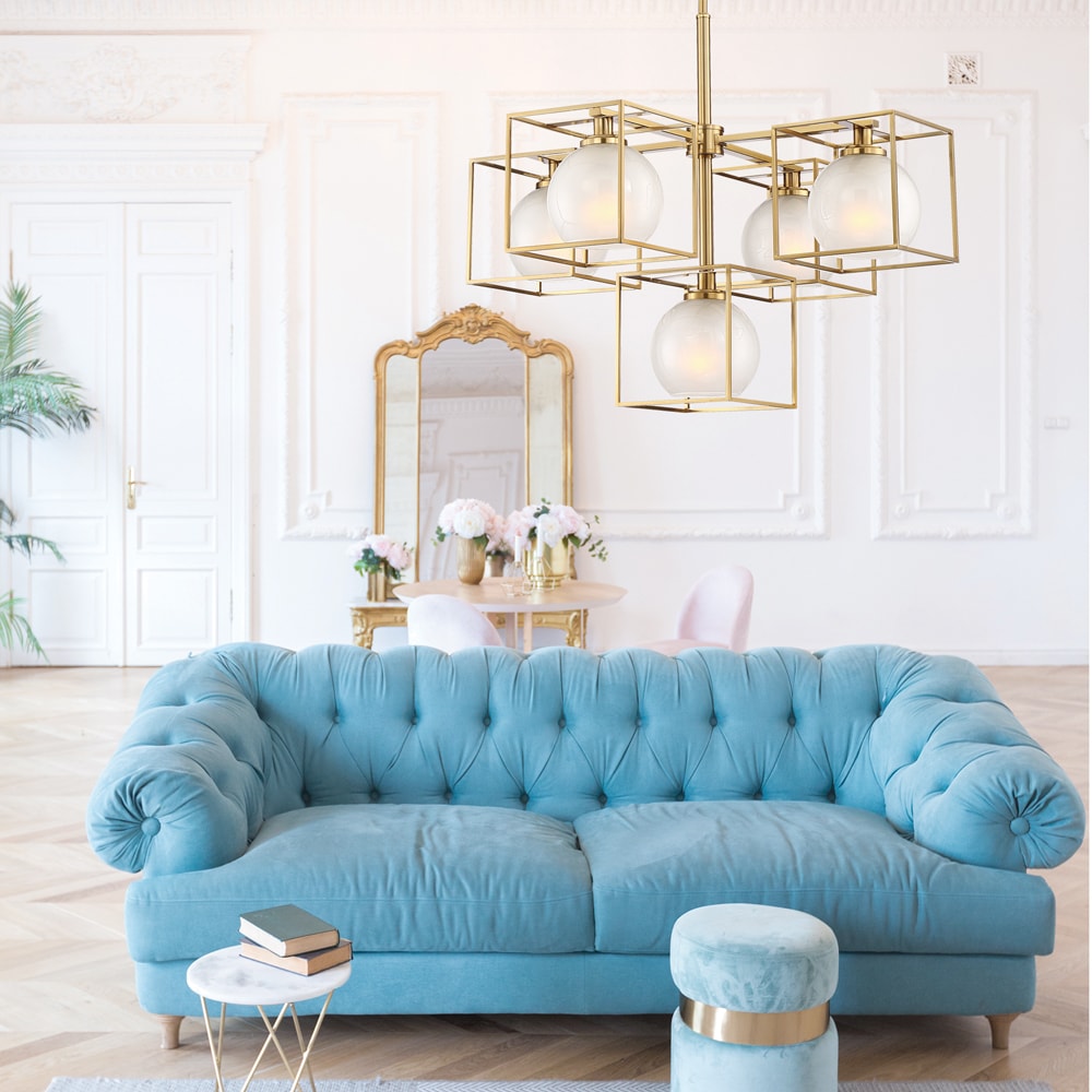 Designers Fountain Cowen 5 -Light Brushed Gold Indoor Cage Etched glass Glass Metal Chandelier