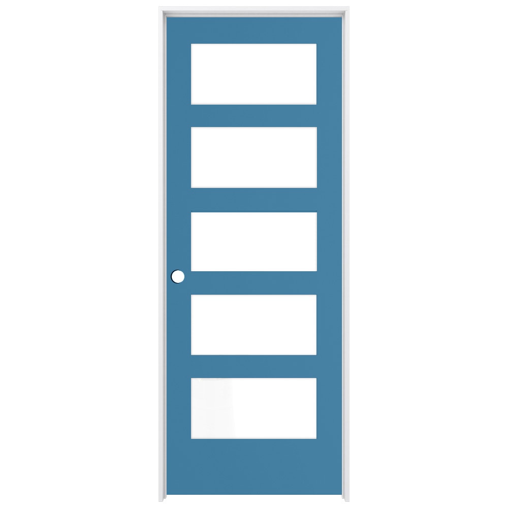 RELIABILT 24-in x 80-in Blue Heron Solid core 5-panel Frosted glass Right hand Smooth Prefinished Pine Wood Flat Jamb Single Prehung Interior Door with