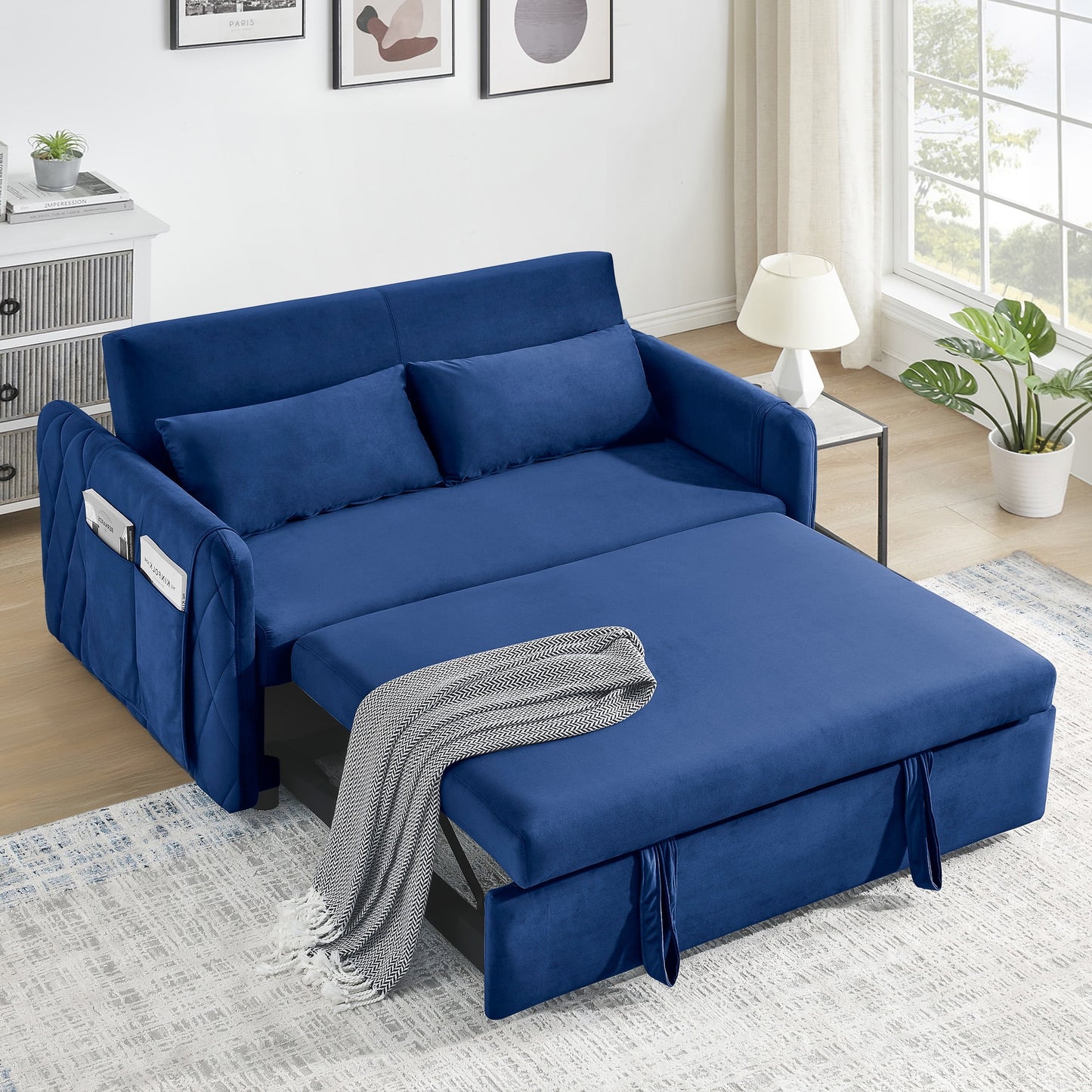 3 in 1 Convertible Sleeper Sofa Bed,55" Modern Velvet Pull Out Sofa Bed with 2 Pillows and 2 Detachable Pockets,Upholstered Loveseat Sofa Couch with Adjustable Backrest for Living Room Office,Blue