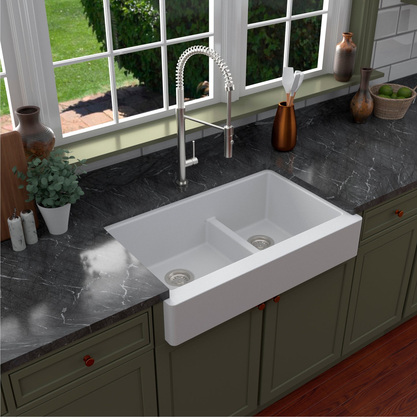 Karran Farmhouse apron front 34-in x 21.25-in Quartz Double offset bowl Kitchen Sink