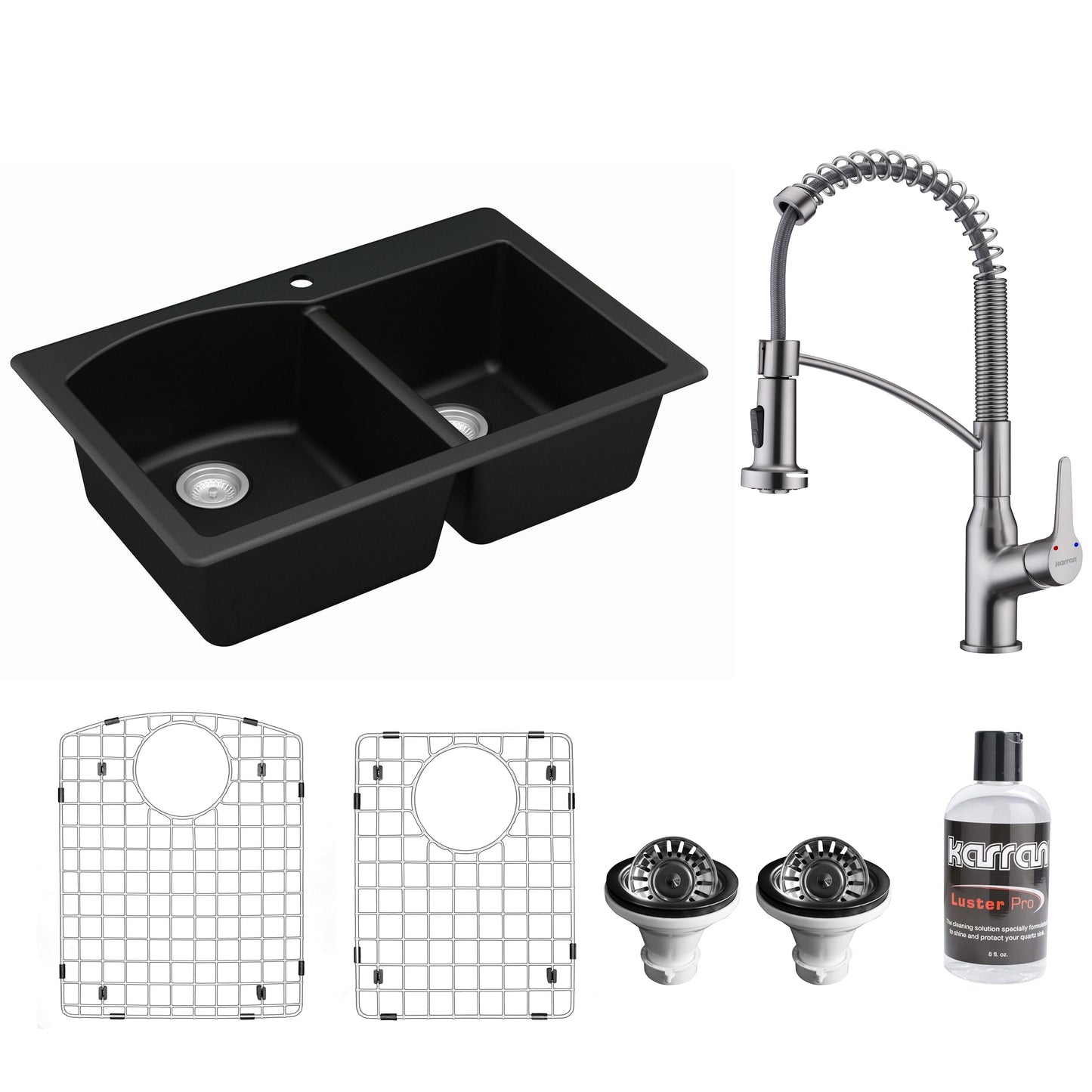 Karran Drop-in or undermount 33-in x 22-in Quartz Double offset bowl Kitchen Sink All-in-One Kit