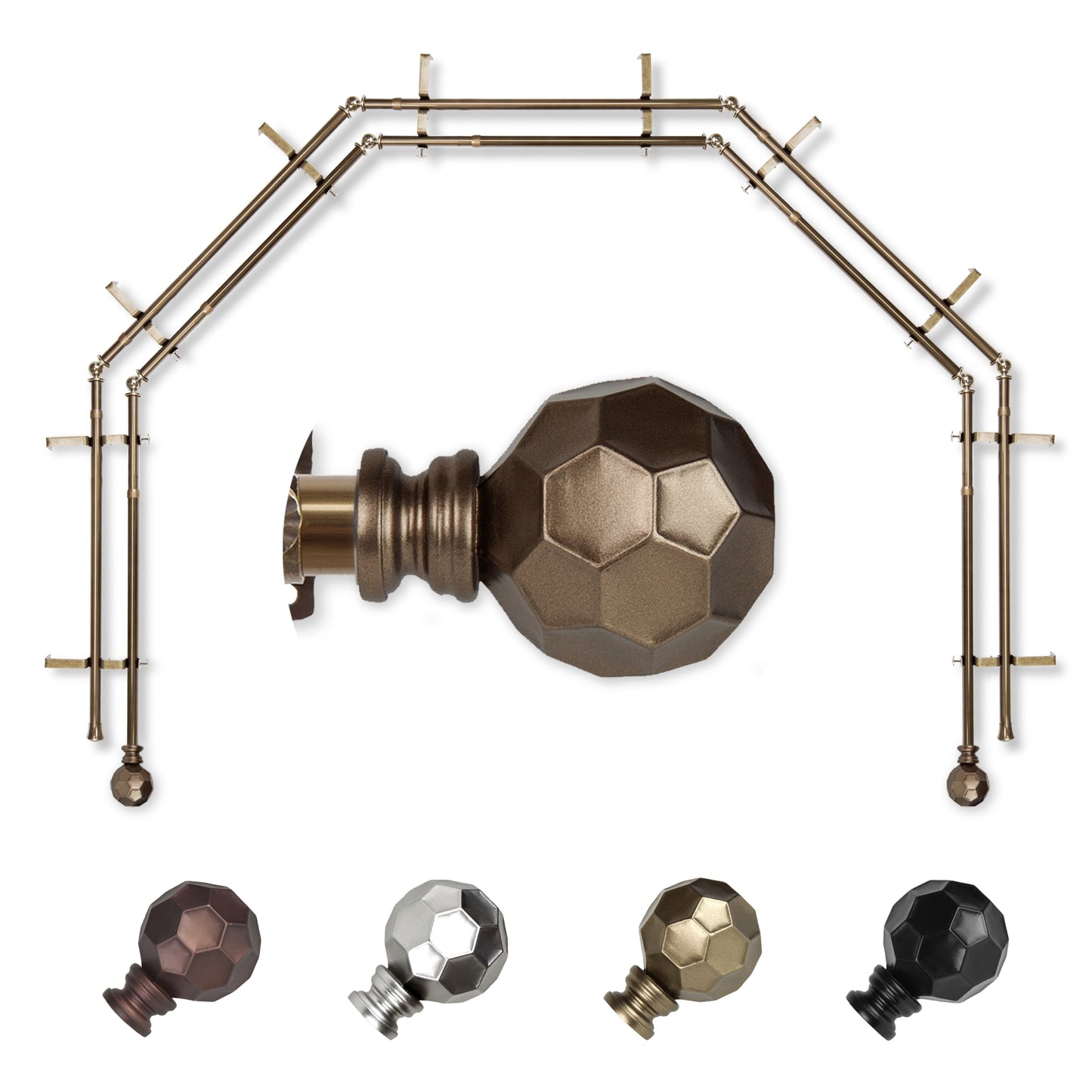 Hart & Harlow Massimo 5-Sided Double Bay Antique brass Steel Bay Window Curtain Rod with Finials