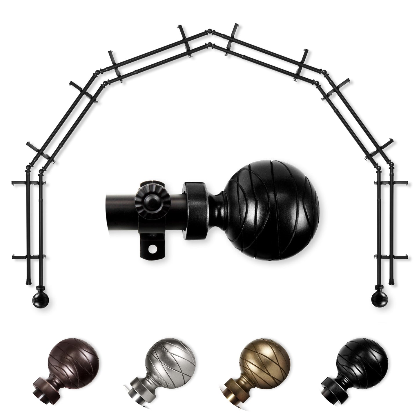 Hart & Harlow Able 6-Sided Double Bay Black Steel Bay Window Curtain Rod with Finials