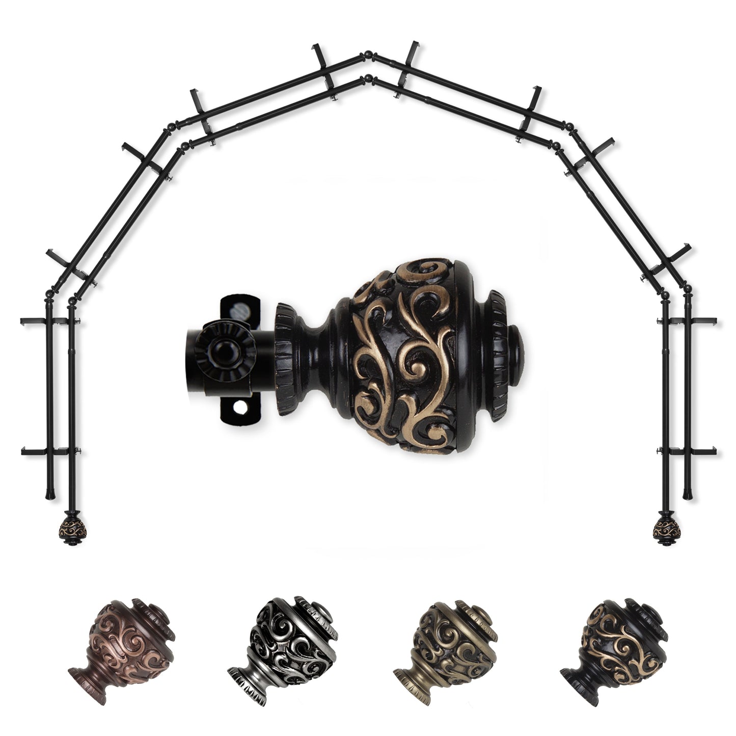 Hart & Harlow Gianna 6-Sided Double Bay Black Steel Bay Window Curtain Rod with Finials