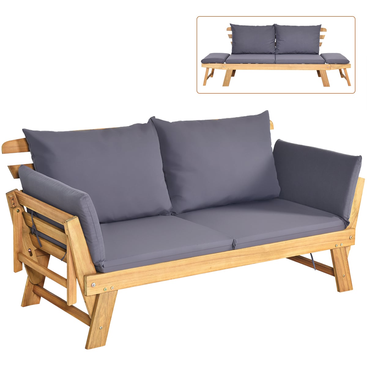 Costway Rattan Outdoor Daybed with Gray Cushions and Acacia Frame