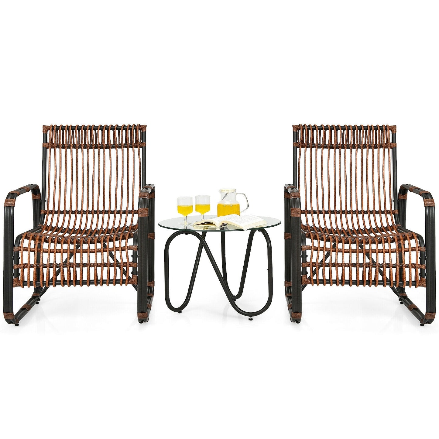 Clihome Outdoor Furniture 3 -Piece Black Rattan Bistro Patio Dining Set Steel Round Table with 2 Stationary Chairs