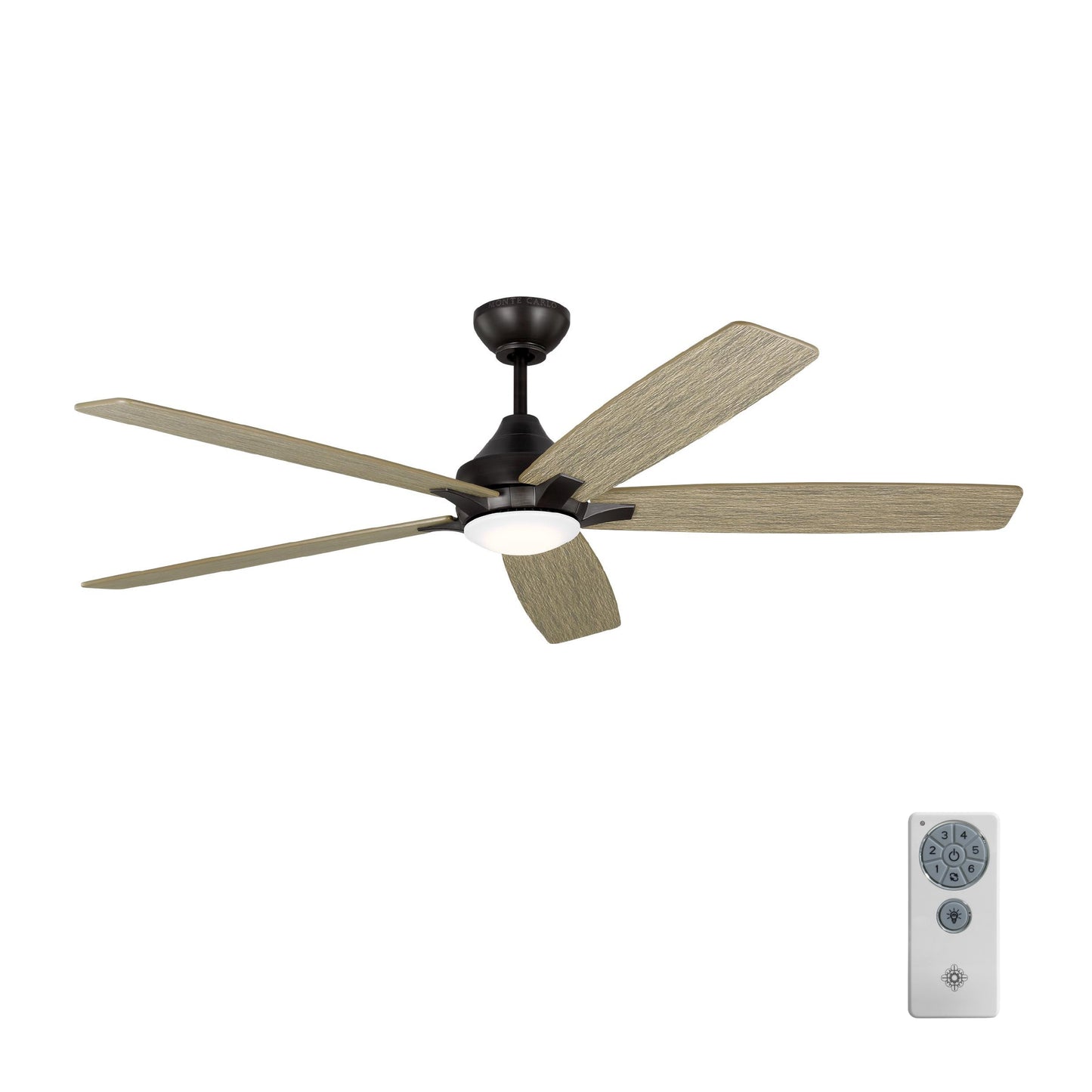 Generation Lighting Lowden 60-in Aged Pewter with Light Grey Weathered Oak Blades Integrated LED Covered Outdoor Smart Propeller Ceiling Fan With Light 5 -Blade
