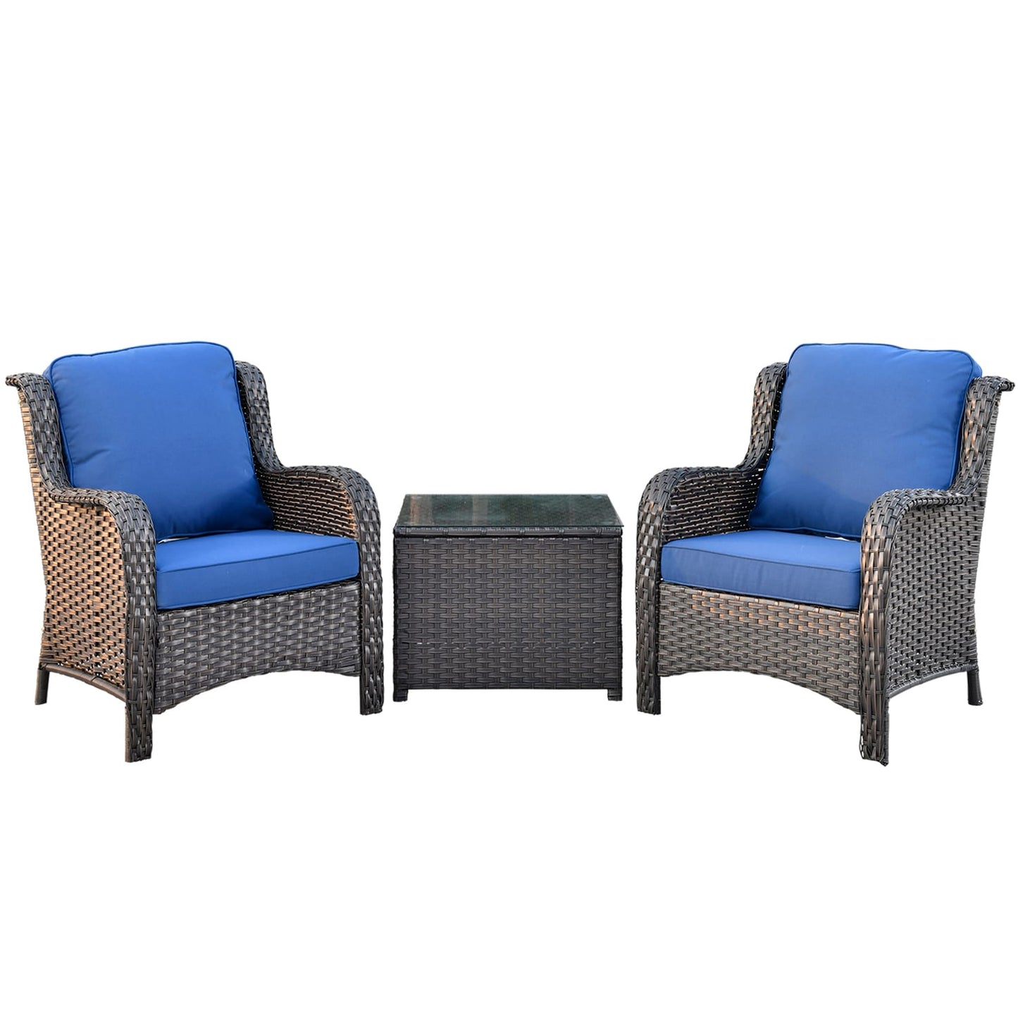 XIZZI Vesta Set of 2 Wicker Brown PE rattan with Navy Blue Cushion Metal Frame Stationary Balcony Chair with Blue Cushioned Seat