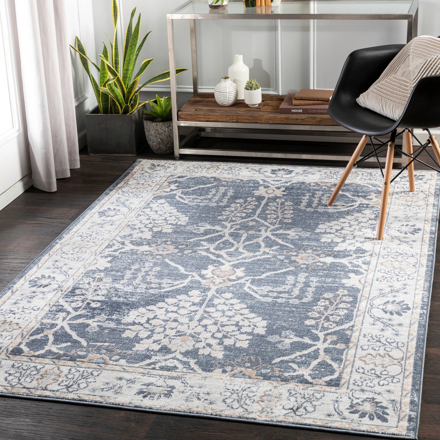 Livabliss St tropez 7 x 9 (ft) Flatweave Polypropylene Navy Rectangular Indoor Floral/Botanical Oriental Spot Clean Only Pet Friendly Area rug