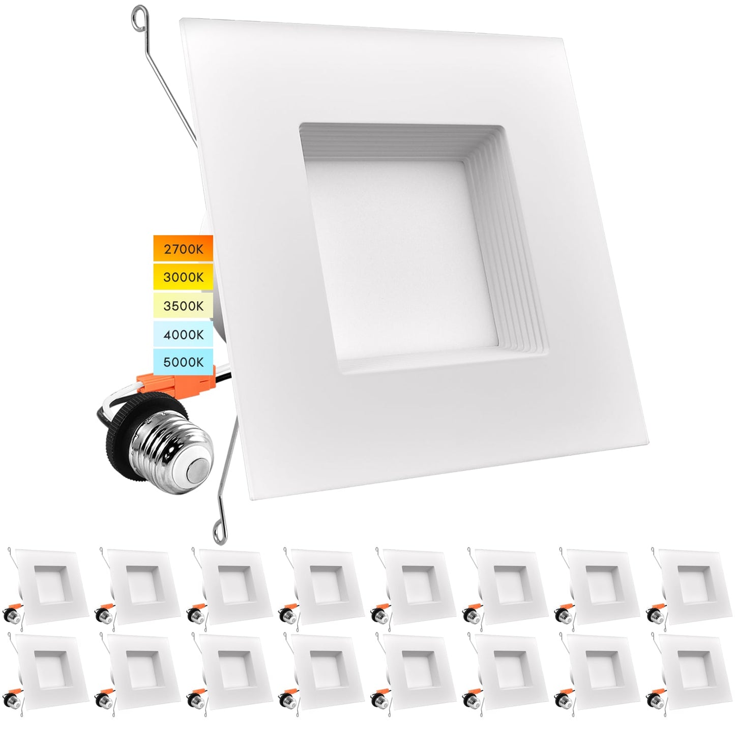 Luxrite White 5-in or 6-in 1100 -Lumens Switchable white Square Dimmable LED Damp rated Recessed Downlight 16 -Pack