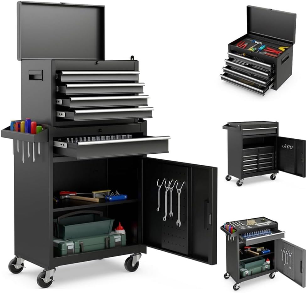 ESL Rolling Tool Chest, 5 Drawers with Big Cabinet, Tool Trolley with 4 Universal Lockable Wheels and Lock Bar, Great Black Tool Cart for Garage Workshop, Sturdy Heavy Duty Tool Storage, Easy Assemble