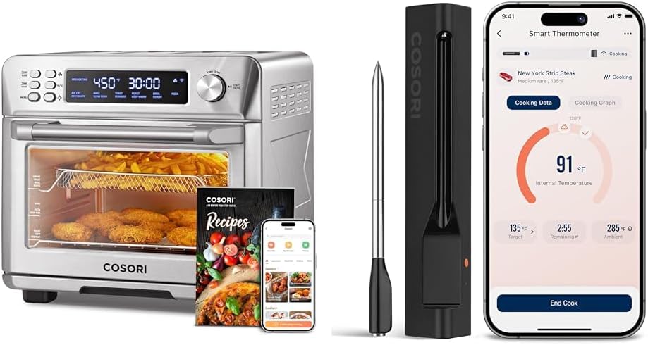 COSORI Smart 11-in-1 Air Fryer Toaster Oven Combo + Wireless Meat Thermometer Digital, Bluetooth Cooking Thermometer for Grill, Smoker, BBQ, Oven, Stove, Air Fryer, 72h Battery, 96 Cooking Guides