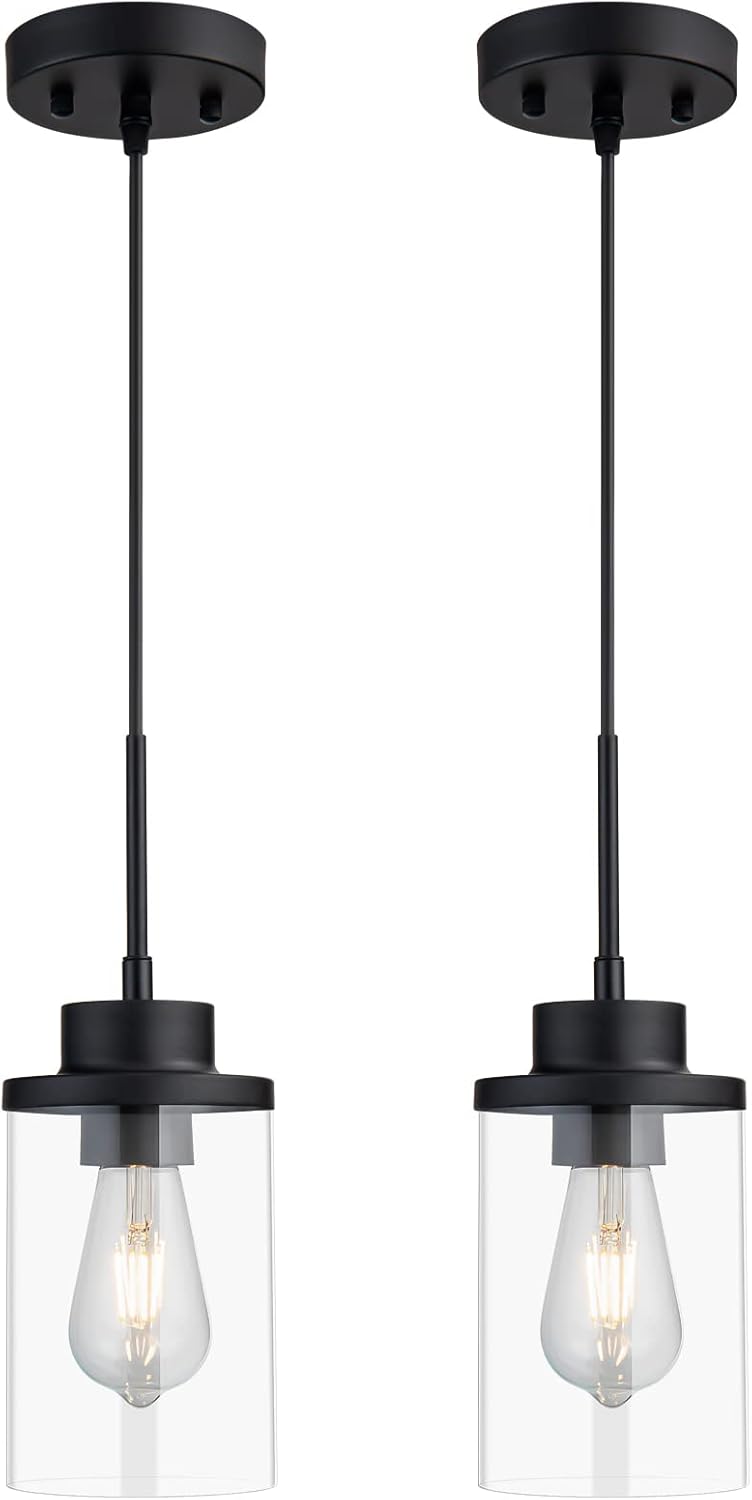 DALIVOL Modern Black Farmhouse Clear Glass Cylinder Pendant Light Fixture, Single Hanging Pendant Lighting for Kitchen Island, Dining Room, Foyer & Hallway(2 Packs)