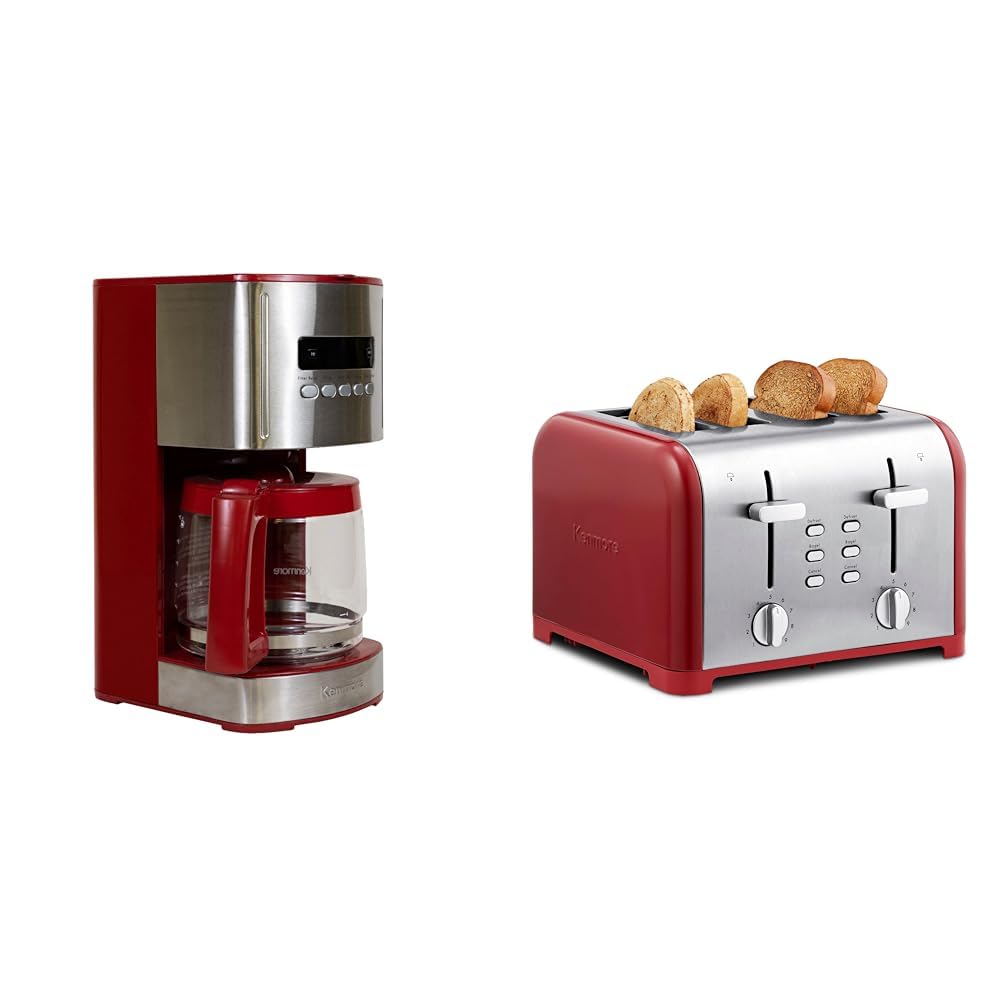 Koolatron Kenmore 12-cup Programmable Drip Coffee Machine + 4-Slice Toaster with Extra Wide Slots Self-Adjusting Bread Guides and Removable Crumb Tray, Red and Stainless Steel