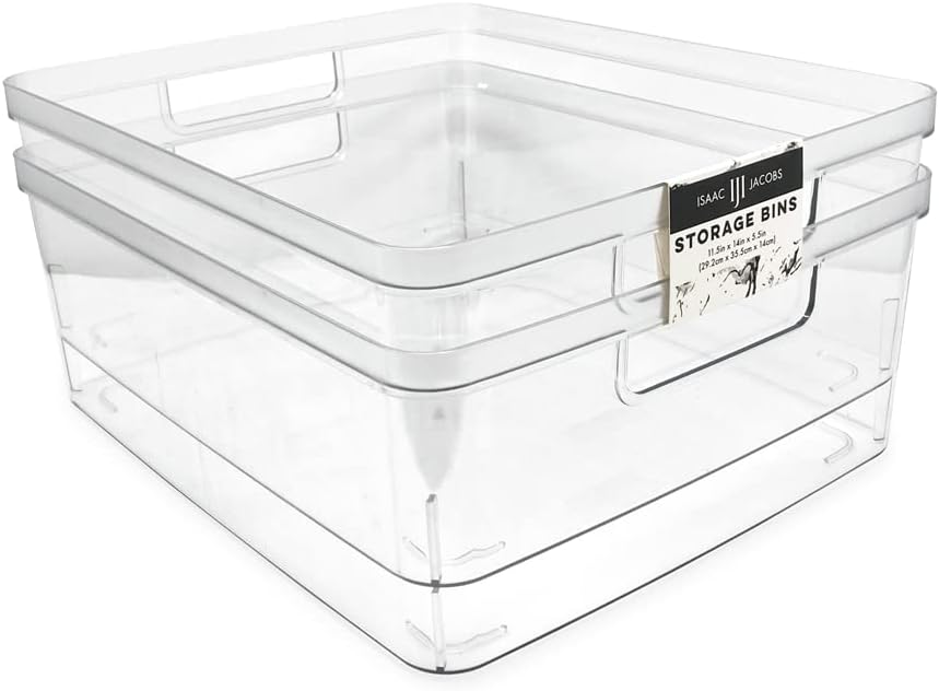 Isaac Jacobs 2-Pack Large Clear Storage Bins (11.5\u201D L x 14\u201D W x 5.5\u201D H) w\/Cutout Handles, Plastic Organizer for Home, Office, Kitchen, Fridge\/Freezer, Bathroom, BPA Free, Food Safe (Large)