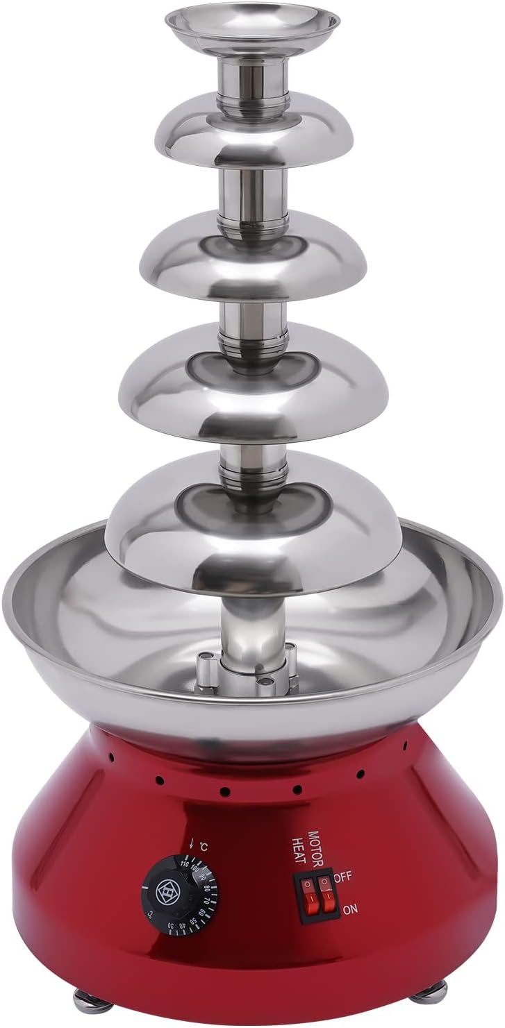 Chocolate Fountain Commercial Hot Chocolate Fondue Tower 5 Tier 7-Pound Large Capacity Stainless Steel Chocolate Melting Heating Machine for Nacho Cheese Liqueurs Party Wedding (Vintage Red)