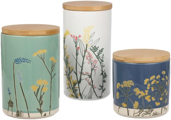 3-pc Decorative kitchen canisters for countertop, Storage containers for Coffee, Sugar, Spice & Dry Food, White 8.3", Pista Green 6.9", Cobalt Blue 4.7"; Ceramic Canister Set with Bamboo lid