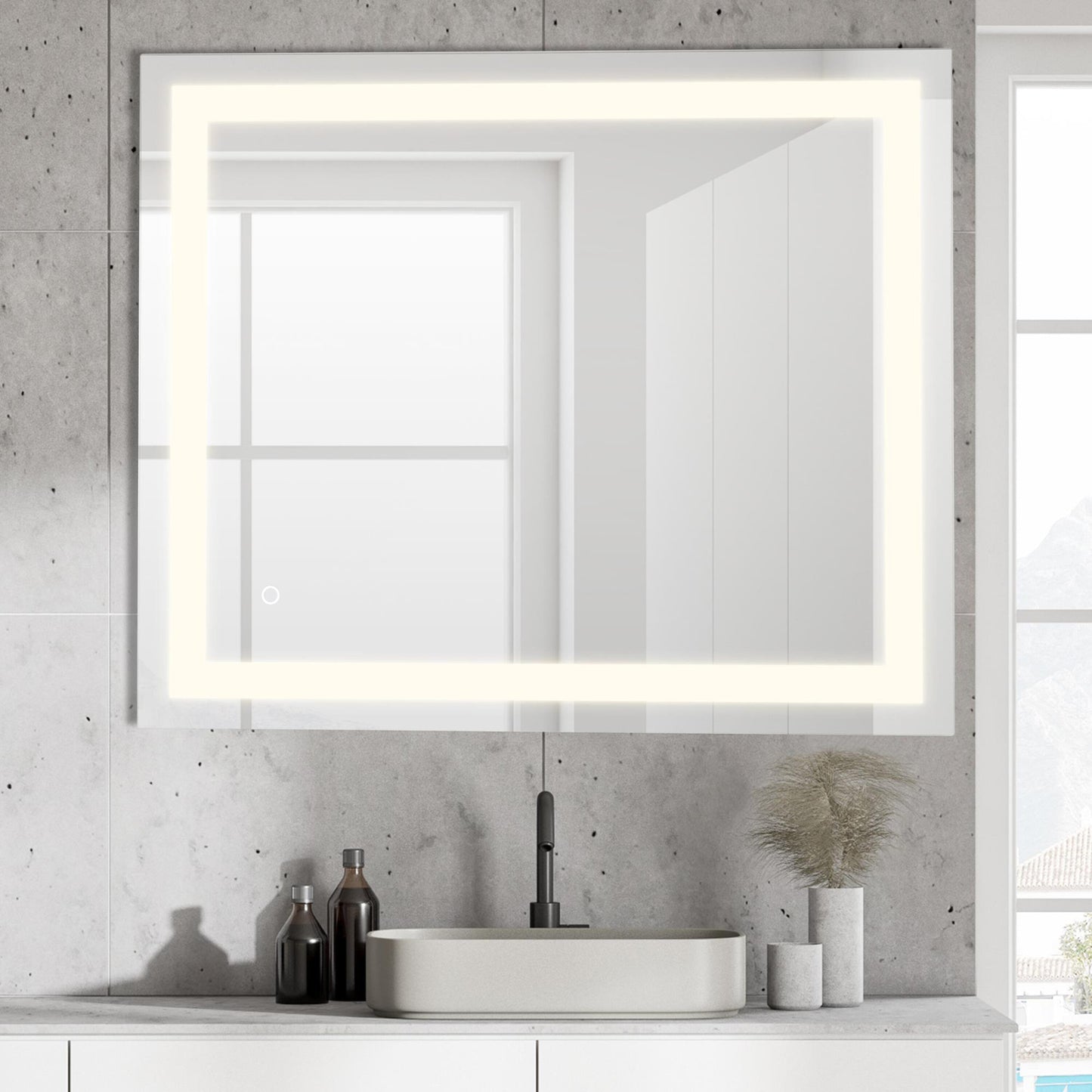 JONATHAN Y Remy LED Front-Lit Smart Touch 30-in x 36-in Polished Frameless Rectangle Dimmable LED Lighted Fog Free Bathroom Vanity Mirror ( Silver )