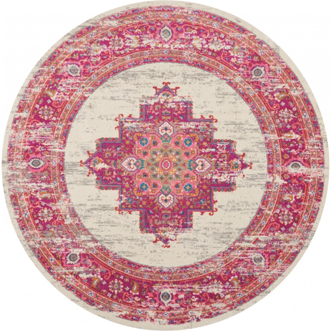 HomeRoots 8 x 8 (ft) Loomed Polypropylene Ivory Fuchsia Round Indoor Area rug