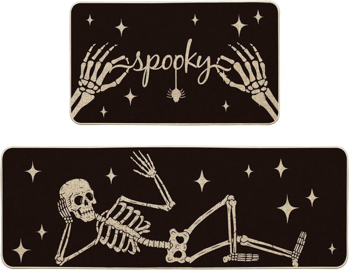 Artoid Mode Spooky Skeleton Spider Bone Black Halloween Kitchen Mats Set of 2, Black Home Decor Low-Profile Kitchen Rugs for Floor - 17x29 and 17x47 Inch