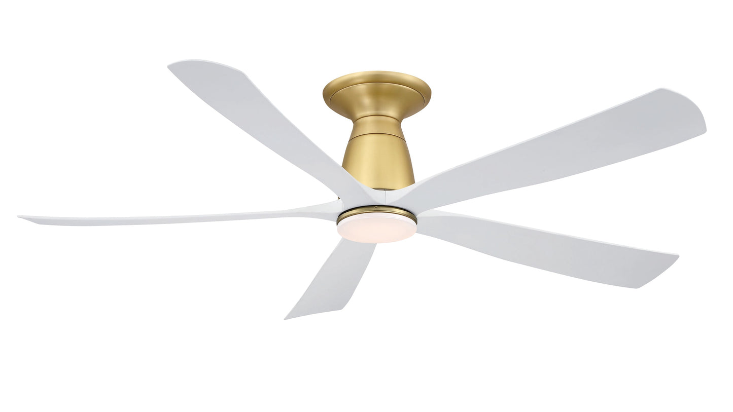 Fanimation Kute5 52-in Brushed Satin Brass with Matte White Blades Color-changing Integrated LED Indoor/Outdoor Flush Mount Smart Ceiling Fan with Light and Remote (5-Blade) FPD5534BS-LK-F
