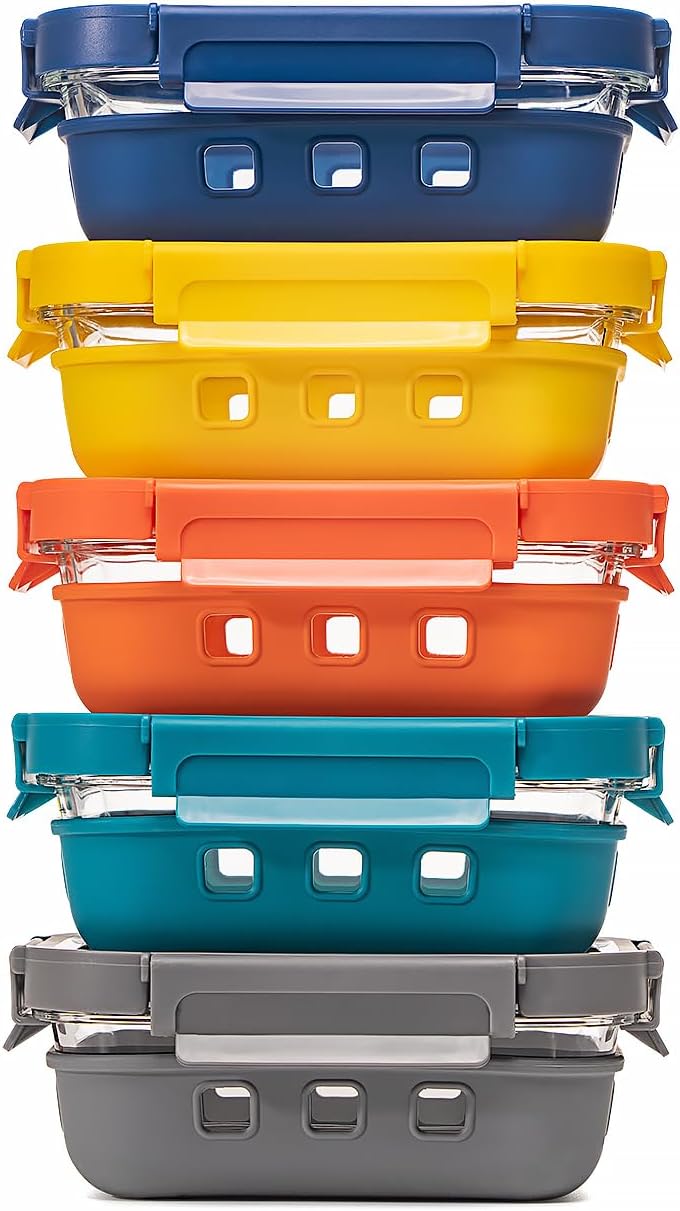 Glass Food storage container with Glass lids Bento Box Set Lunch box Eco Friendly Meal Prep Containers Airtight \u2013 Plastic Free, silicon sleeve BPA Free 4.4cup\/ 5 * 1050ml