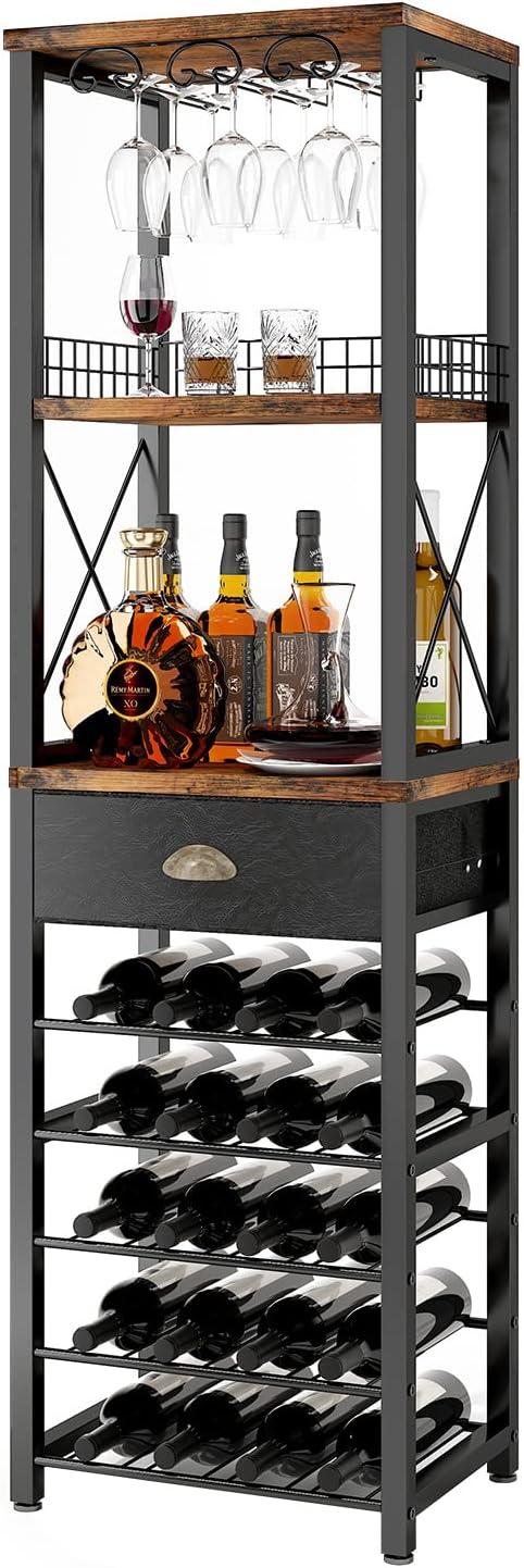 Homeiju Wine Rack Freestanding Floor, Bar Cabinet for Liquor and Glasses, 4-Tier bar Cabinet with Tabletop, Glass Holder, Storage Drawer and Wine Storage for Living Room (Patent No.D29872845)