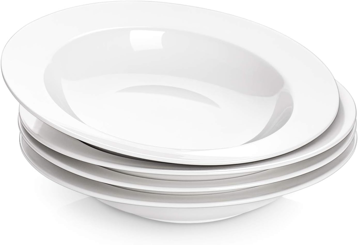 DOWAN Soup and Pasta Bowls Set of 4, White Porcelain Wide Rim Salad Plates, 20 Ounces, Microwave & Dishwasher Safe