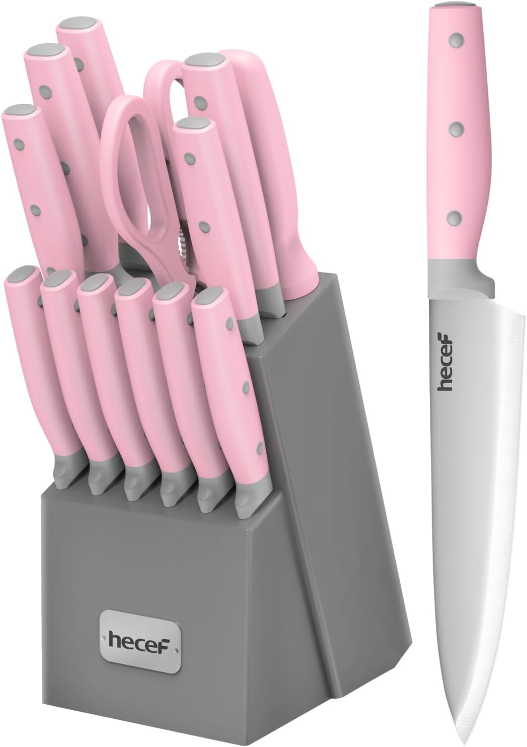 hecef Kitchen Knife Block Set, 14 Pieces Knife Set with Wooden Block & Sharpener Steel & All-purpose Scissors, High Carbon Stainless Steel Cutlery Set (Pink)