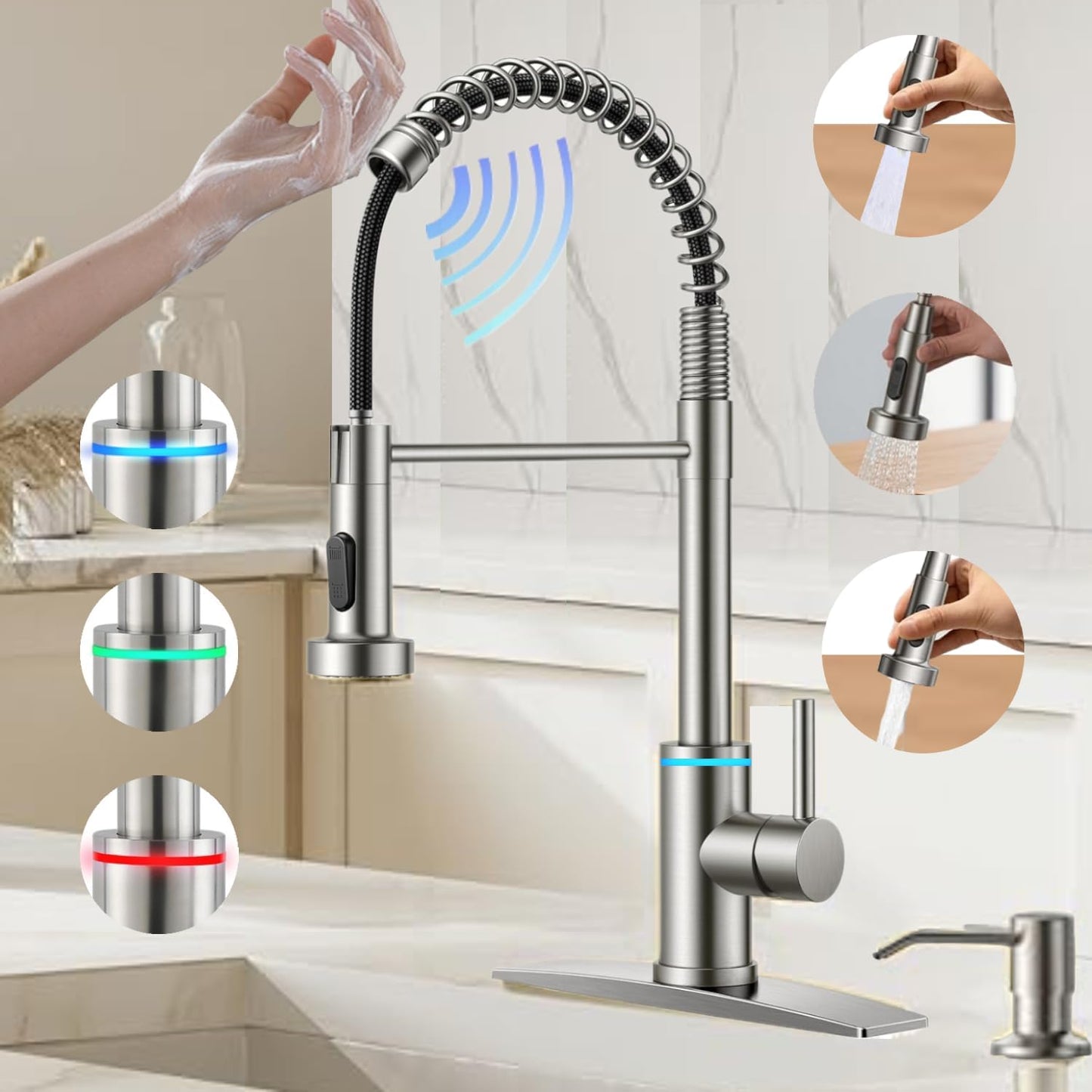 VIDEC Smart Kitchen Faucet, 3 Modes Pull Down Sprayer, Touch On Sensor Activated, LED Temperature Control, 360-Degree Rotation, 1 or 3 Hole Deck Plate. 10-Year Warranty. (KW-66SN, Brushed Nickel)