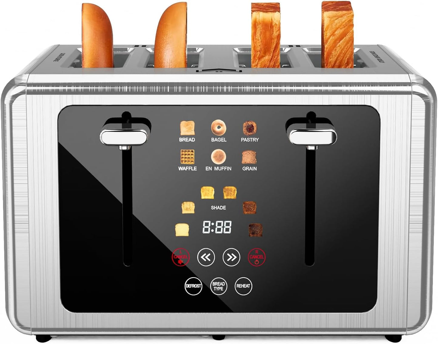 4 Slice Toaster, Touchscreen & Dual Independent Control Panel,5 Basic Functions & Digital Countdown Toasters, 6 Shade Settings&6 Bread Types, Smart Bread Maker Mute/Screen-Off,Gray