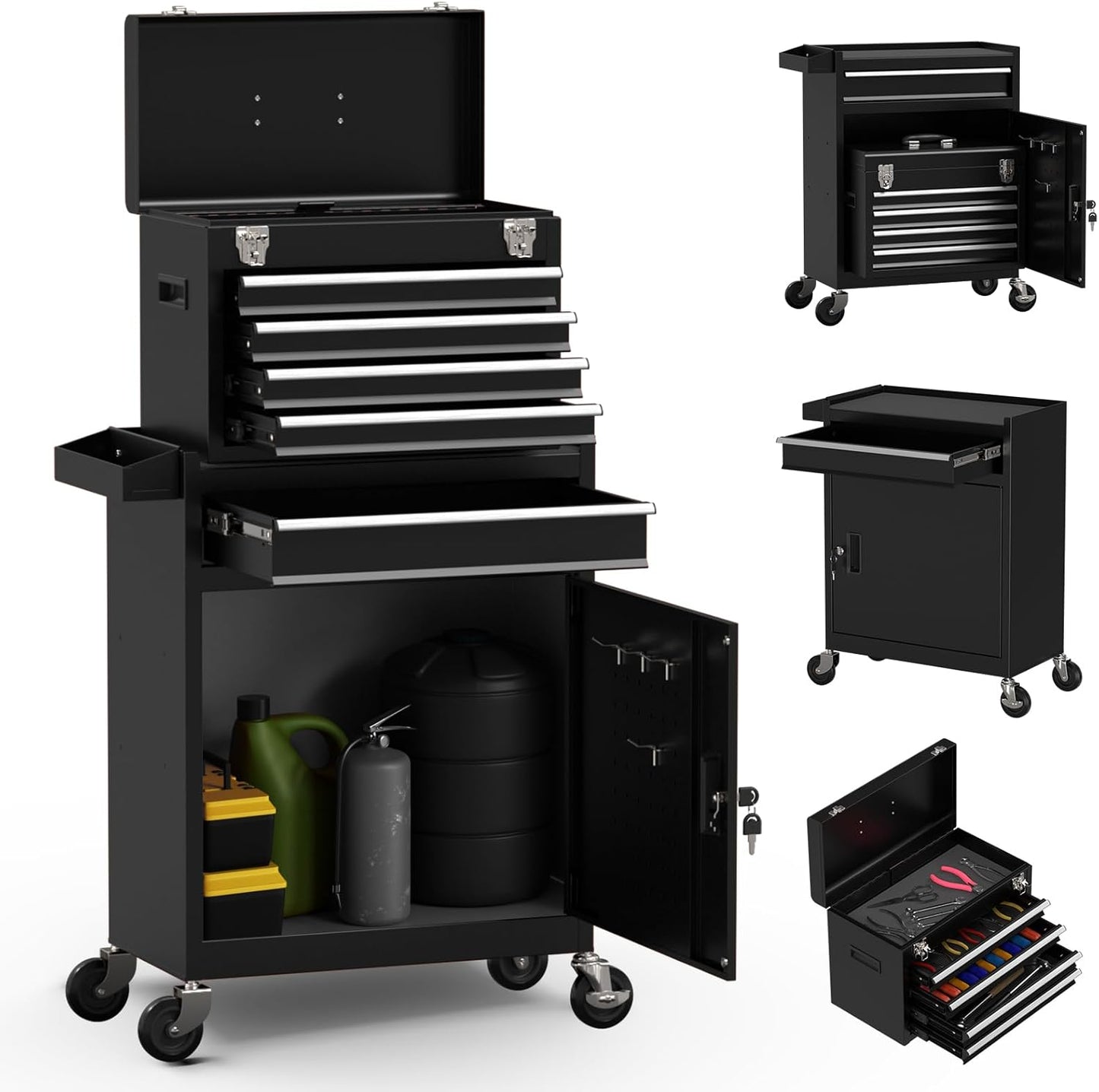 5-Drawer High Capacity Rolling Tool Chest, Removable Cabinet Storage Tool Box with Wheels and Drawers, Detachable Toolbox with Lock for Mechanics Garage Workshop (Black, 5-Drawer)