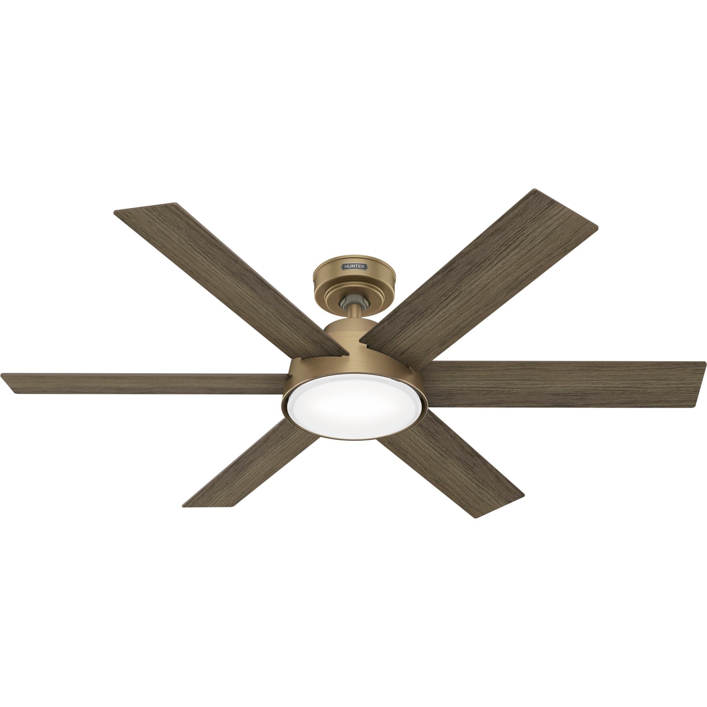 Hunter Donatella 52-in Burnished Brass with Warm Grey Oak Blades Integrated LED Downrod or Flush Mount Ceiling Fan With Light 6 -Blade