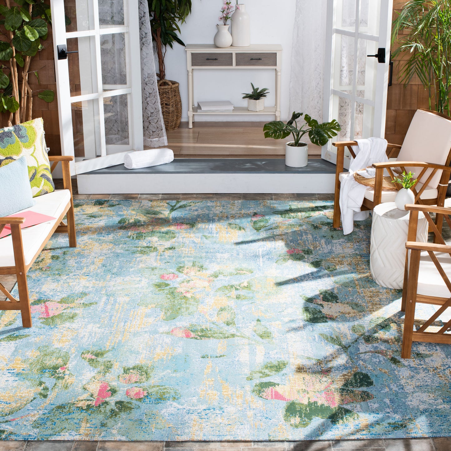 Safavieh Barbados 10 x 12 (ft) Loomed Synthetic Light Blue/Green Rectangular Indoor/Outdoor Floral Tropical Professionally Clean Only Area rug