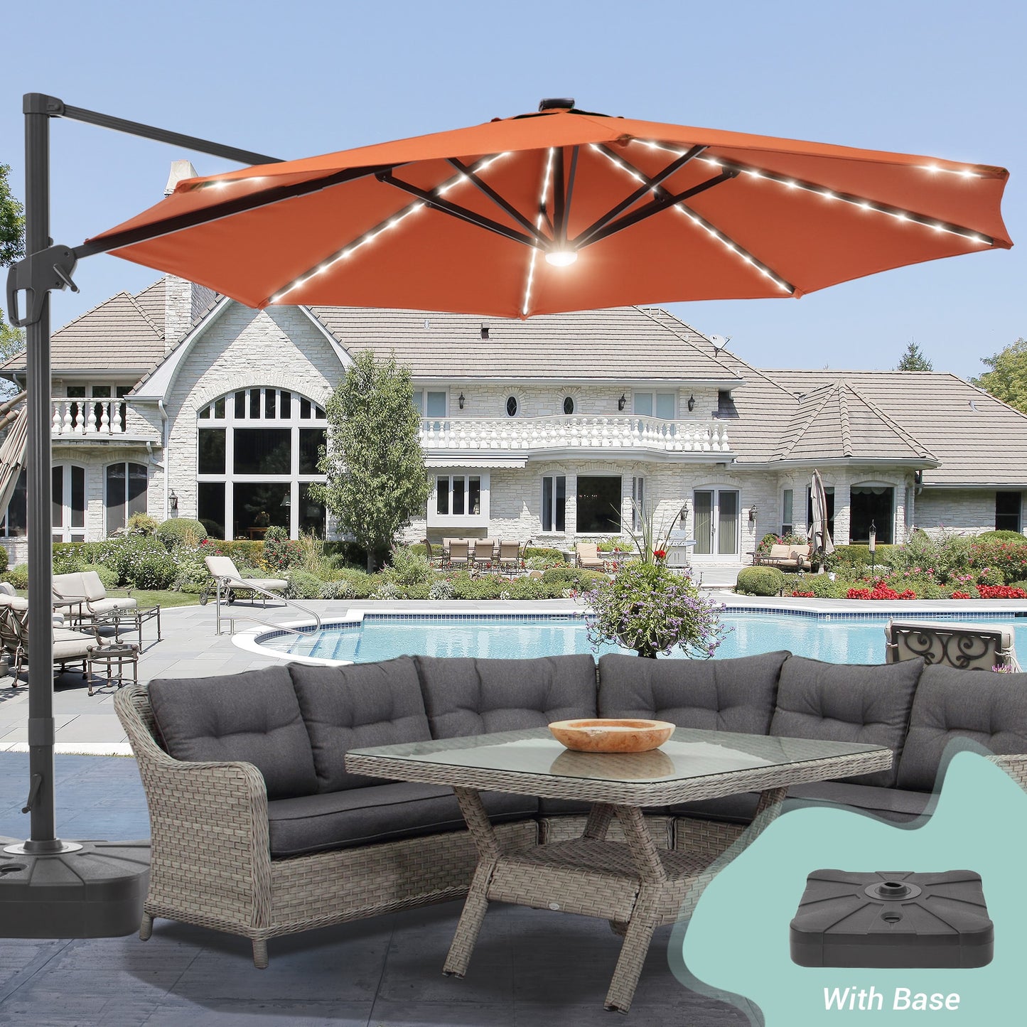 ACEGOSES 11-ft Aluminum Orange No-tilt Cantilever Patio Umbrella with Lights with Base