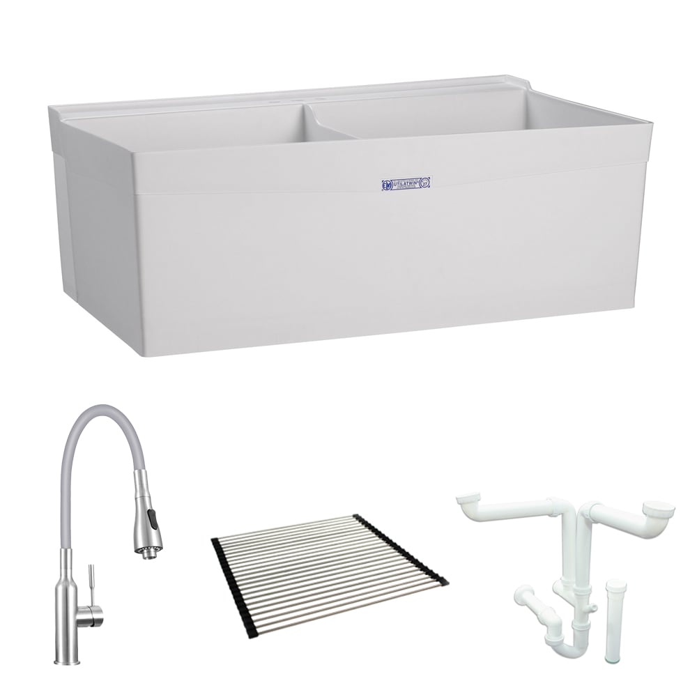 Mustee 25-in x 40-in 2 -Basin White Wall mount Laundry sink with Drain with Faucet