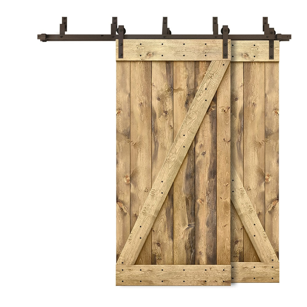 CALHOME 48-in x 84-in Weather Oak Z-frame Knotty pine Wood Solid core Double Bypass Barn Door (Hardware Included)