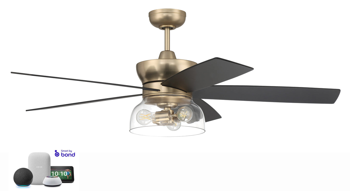Craftmade Gibson 52-in Satin Brass with Flat Black Blades Smart Ceiling Fan With Light 5 -Blade