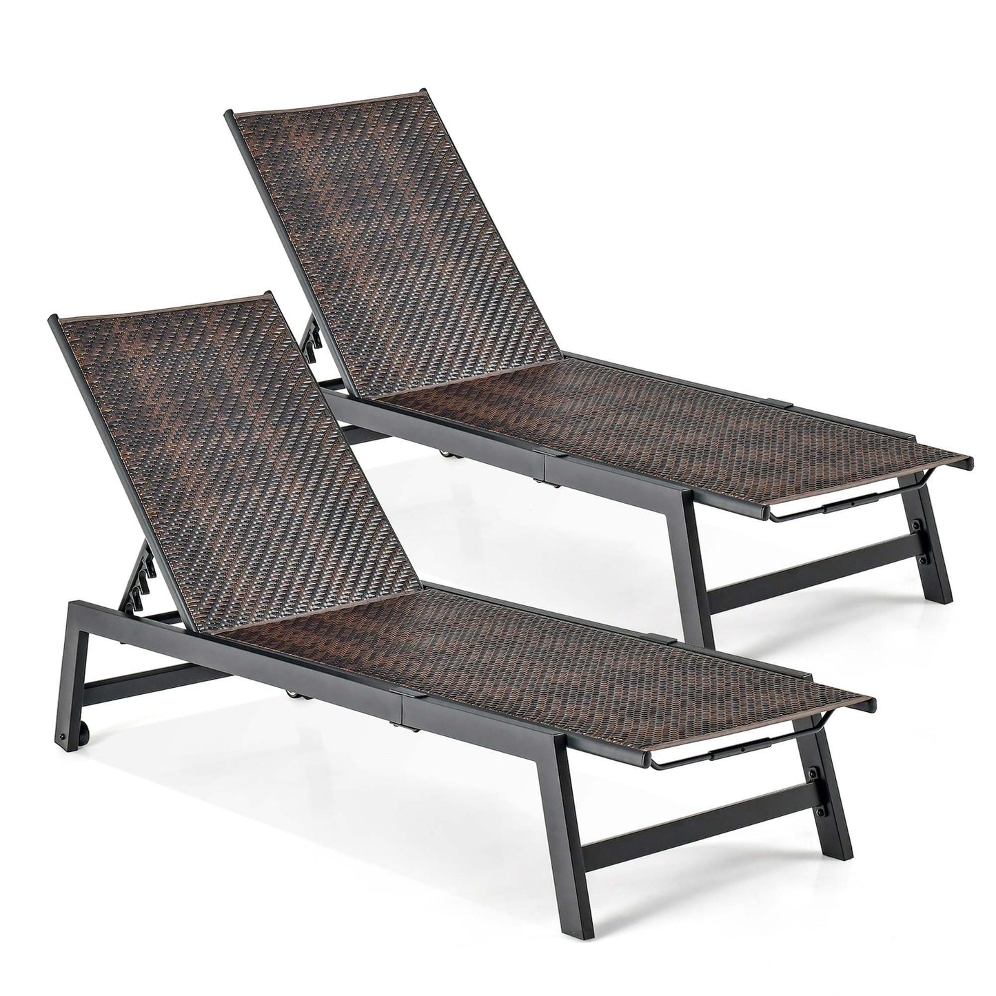 Costway Set of 2 Rattan Mix Brown Rattan Frame C-spring Chaise Lounge Chair with Strap Seat