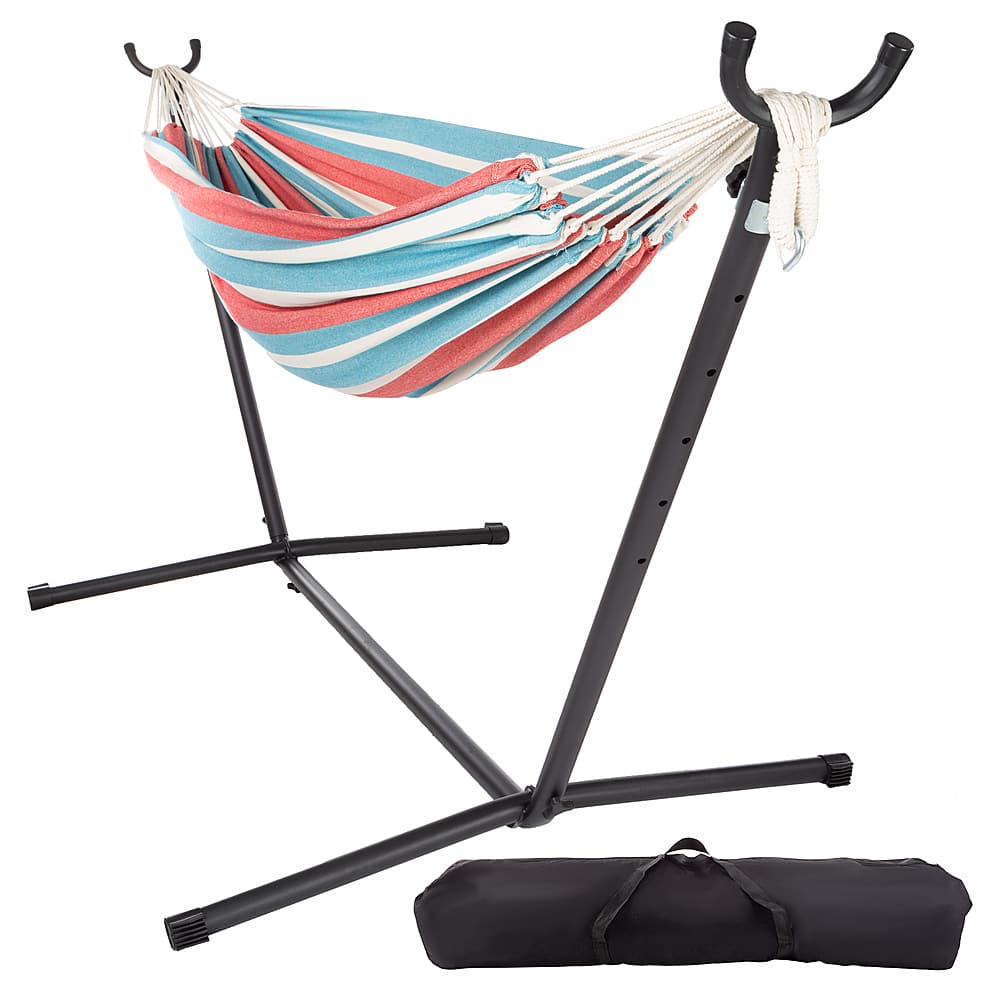 Hastings Home - Double Brazilian Woven Cotton Hammock with Stand and Carrying Bag - Blue/Red Stripe